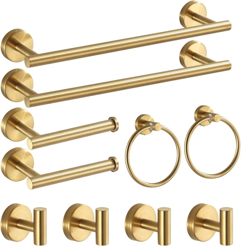 Hinmood Bathroom Hardware Set Brushed Gold, 10pcs Towel Bar Set Including 2pcs16 inch Towel Bars, Toilet Paper Holders, Towel Rings and 4pcs Robe Towel Hooks - Image 1